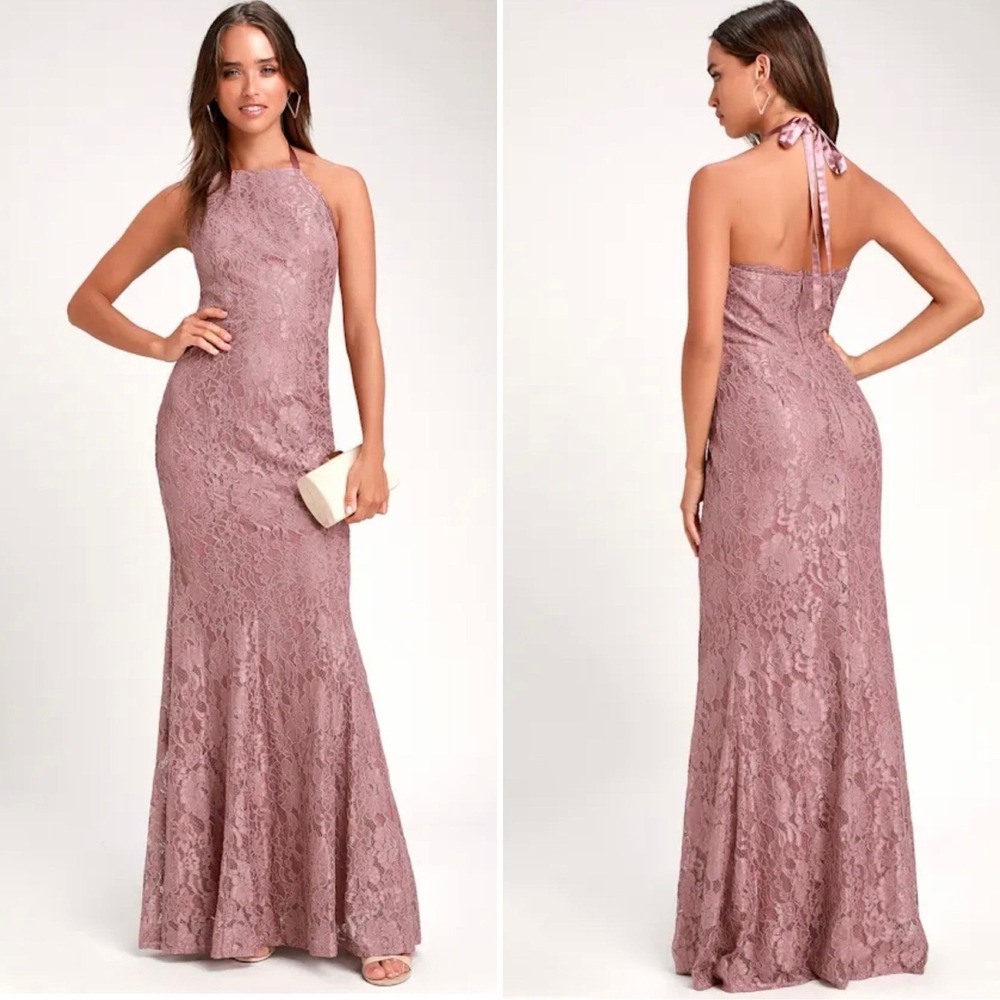 Lulus Light Mauve Pink Lace Halter Maxi Dress Adjustable Strap Bridesmaid Medium